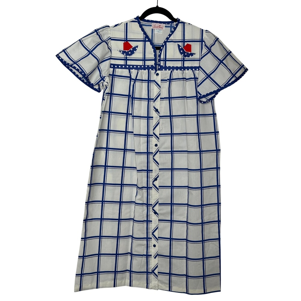 Smart Time Vintage House Dress Small Blue White Grid Sailboat Nautical Duster